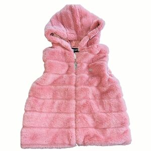 DKNY Girls Faux Fur Fuzzy Hooded Vest. Size 5, Pink